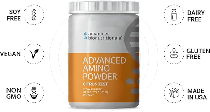 ??Advanced Amino Powder, Amino Acid Supplement, Build Muscle, Post Workout Recovery, Energy,Non-GMO, Gluten Free, Dairy Free, Vegan (30 Servings) (9.52oz, Citrus Zest)