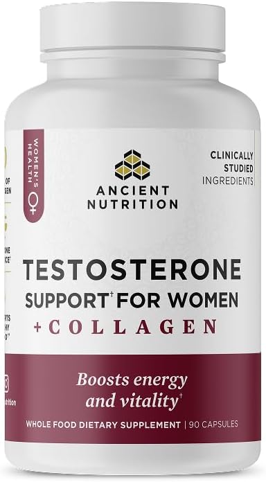 Ancient Nutrition Testosterone Support + Collagen Supplement, Hydrolyzed Collagen Peptides, Key Clinically Studied Superfoods Support Female Hormone Balance & Healthy Testosterone Levels, 90 Capsules