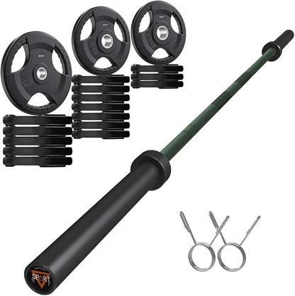 7FT Olympic Barbell Bar with Weight Plate Set Combo, Solid Olympic Bar with Bearings, 700Lbs Capacity Weight Bar for Home Gym Strength Training, Weightlifting, Powerlifting, Fit for 2" Olympic Plates