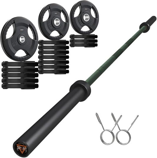 7FT Olympic Barbell Bar with Weight Plate Set Combo, Solid Olympic Bar with Bearings, 700Lbs Capacity Weight Bar for Home Gym Strength Training, Weightlifting, Powerlifting, Fit for 2" Olympic Plates