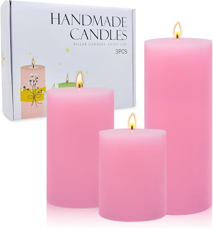 3 Packs Different Size Pink Pillar Candles, Unscented Dripless 2.75x3, 2.75x4, 2.75x6 Inch Pastel Colored Long Lasting Burning Cylinder Wax Candles for Home Power Outage Dinner Table Decoration