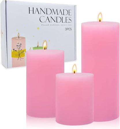 3 Packs Different Size Pink Pillar Candles, Unscented Dripless 2.75x3, 2.75x4, 2.75x6 Inch Pastel Colored Long Lasting Burning Cylinder Wax Candles for Home Power Outage Dinner Table Decoration