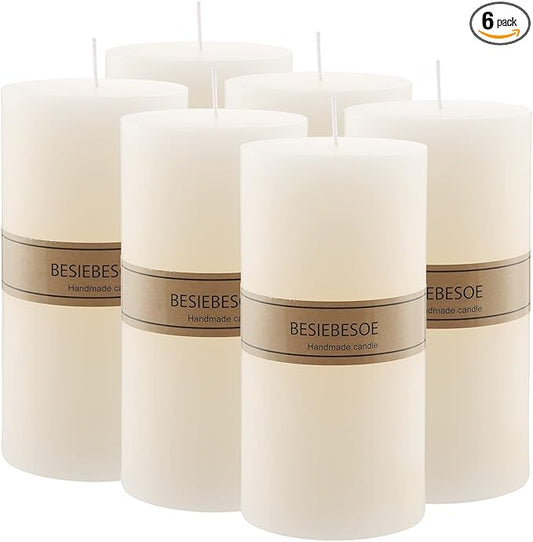 3×6 Ivory Pillar Candles Set of 6 Unscented Handpoured Weddings, Home Decoration, Restaurants, Spa, Church Smokeless Cotton Wick - Ivory 300Hour