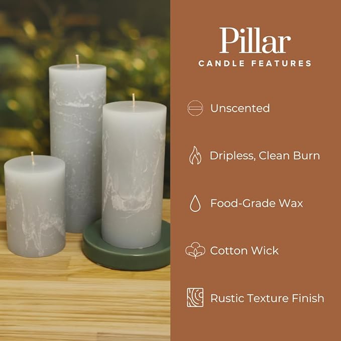 Simply Soson Grey Rustic Texture Pillar Candles 3x3 inch - Set of 3 - Unscented Decorative Grey Candles, No Drip, Ideal for Home Decor, Weddings, Holidays