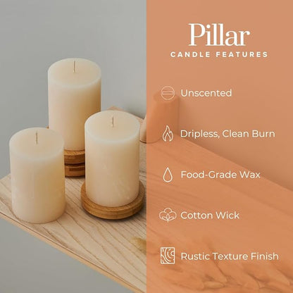 Simply Soson 3x4 inch Ivory Pillar Candles Set of 6, Rustic Texture, Unscented Ivory Candles, Dripless Candles, 3 inch Pillar Candles Ideal as Wedding, Parties, Spas, Dinner, Home Decoration, Church