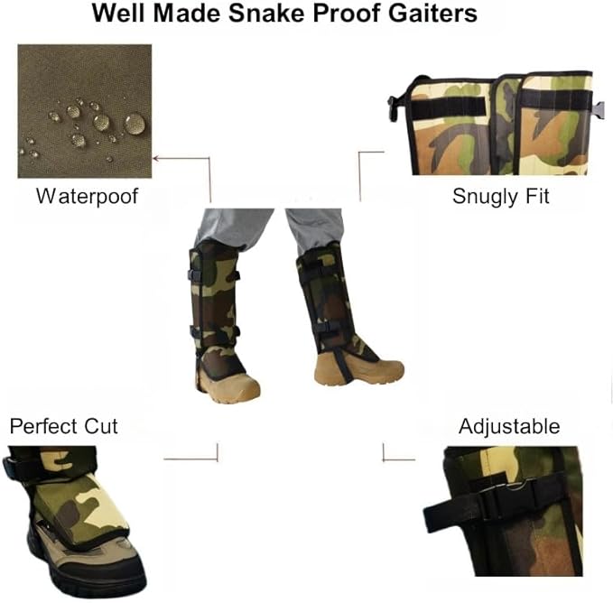 Snake Proof Leg Gaiters, Waterproof 1000D Oxford, Military Green Camo, Adjustable Buckle Design