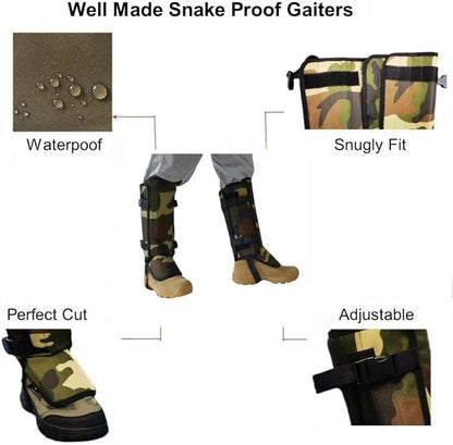 Snake Proof Leg Gaiters, Waterproof 1000D Oxford, Military Green Camo, Adjustable Buckle Design
