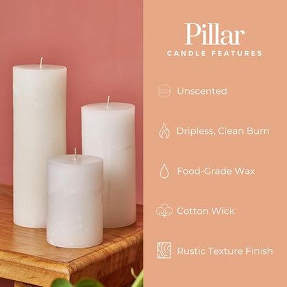 Simply Soson 3x4 inch White Pillar Candles Set of 3, Rustic Texture, Unscented White Candles, Dripless Candles, 3 inch Pillar Candles Ideal as Wedding, Parties, Spas, Dinner, Home Decoration, Church