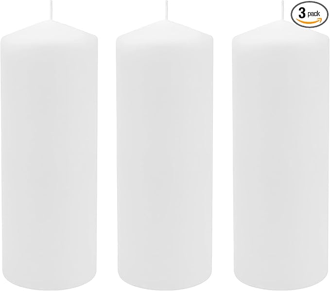 Stonebriar 3 Pack Tall 3 x 8 Inch 80 Hour Long Burning Unscented White Wax Pillar Candles