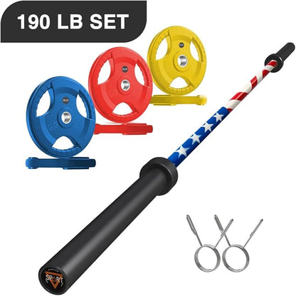 7FT Olympic Barbell Bar with Weight Plate Set Combo, Solid Olympic Bar with Bearings, 700Lbs Capacity Weight Bar for Home Gym Strength Training, Weightlifting, Powerlifting, Fit for 2" Olympic Plates