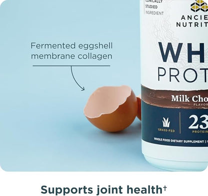 Ancient Nutrition Grass Fed Whey Protein, Milk Chocolate, 23g Protein, 20 Servings, Hydrolyzed Collagen Peptides, Organic Regenerative A2/A2 Milk Protein