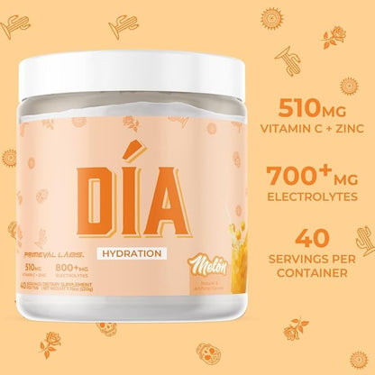 Primeval Labs Dia Hydration Electrolyte Powder | Vitamin C + Zinc, Taurine & Electrolytes | Low Sugar Daily Hydration Drink | 40 Serving Tubs | Melon