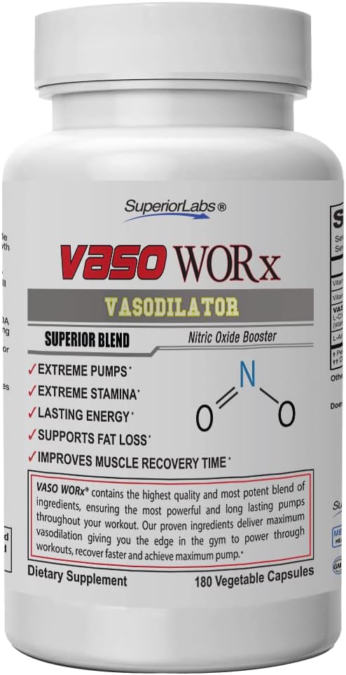 Superior Labs VASOWORx Nitric Oxide Booster 1600mg, Pure Non-GMO, Extra-Strength L-Arginine & L-Citrulline Blend, Supports Energy, Endurance, Muscle Pump & Healthy Circulation, 180 Veg Caps