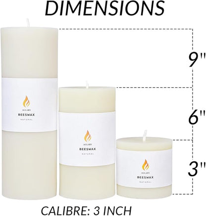 3PCS 3"x 3" Beeswax Pillar Candles, Made of Pure Natural Beeswax, with Ultra Long Burning Time and Low Allergenicity-White