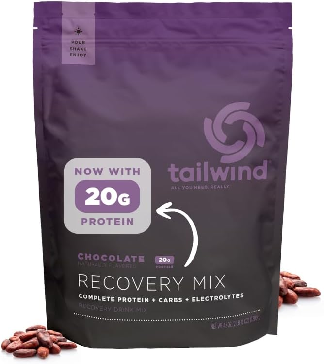 Tailwind Nutrition Recovery Mix, 20 Grams Complete Protein, Carbohydrates, and Electrolytes Powder Drink Mix for Post-Workout, Free of Gluten, Soy, and Dairy, Vegan, 20 Servings, Chocolate