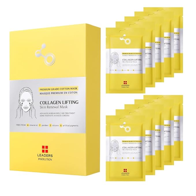 Leaders Insolution Collagen Lifting Skin Renewal Mask | Marine Collagen for Firmness and Elasticity Anti-Wrinkle, Sculpting Facial Sheet | Hydrating Serum for Smooth Skin (10 Sheets)