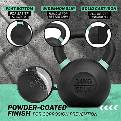 Yes4All Kettlebell, Heavy Duty Powder Coated Cast Iron Kettlebells, Non-Slip Handle & Flat Bottom for Conditioning, Strength Training & Full Body Exercises at Home Gym - Single & Pair
