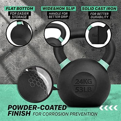 Yes4All Kettlebell, Heavy Duty Powder Coated Cast Iron Kettlebells, Non-Slip Handle & Flat Bottom for Conditioning, Strength Training & Full Body Exercises at Home Gym - Single & Pair