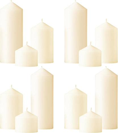 Ivory Pillar Candles Bulk Set of 12ï¼? Different Lengths 3 x 3/6/8 Inch (4 Each)，Hurricane Candles，Dripless Unscented Smokeless，Gives You a Better Atmosphere When Organizing an Event Party.
