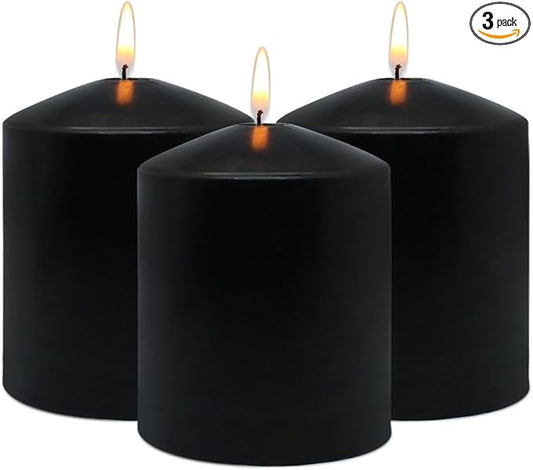 3x4 Inch Black Pillar Candles, 3 Packs Unscented Smokeless Dripless Halloween Cylinder Candles for Christmas, Wedding, Party, Home and Dinner Table, 45 Hours Burn