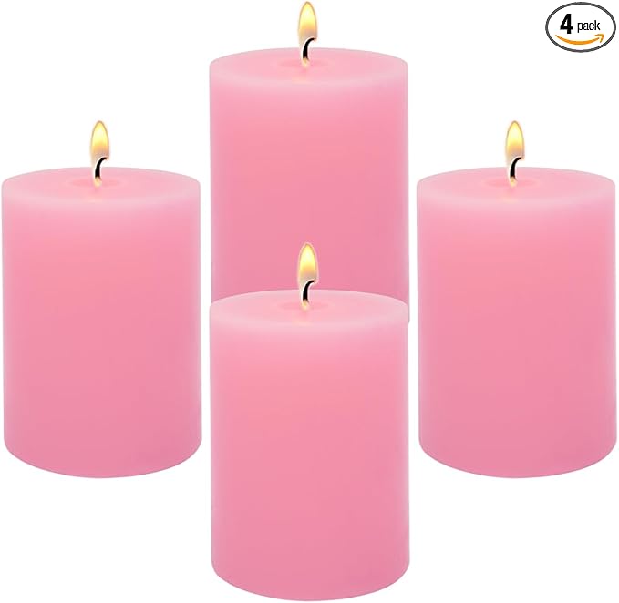 2x3 Inch Pink Pillar Candles Small 24 Hours Unscented Dripless Flat Top Column Cylinder Candles for Dinner Table Christmas Wedding Home Valentine's Day Relaxation Spa Church, 4 Packs