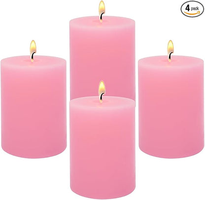 2x3 Inch Pink Pillar Candles Small 24 Hours Unscented Dripless Flat Top Column Cylinder Candles for Dinner Table Christmas Wedding Home Valentine's Day Relaxation Spa Church, 4 Packs