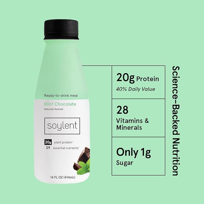 Soylent Mint Chocolate Meal Replacement Shake, Ready-to-Drink Plant Based Protein Drink, Contains 20g Complete Vegan Protein and 1g Sugar, 14oz, 12 Pack