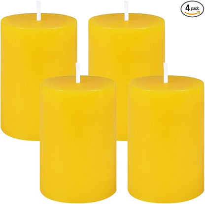 4 Packs 2x3 Inch Yellow Citronella Pillar Candles, Small Dripless Colored Lemongrass Scented Column Cylinder Candles for Patio Home Outside Garden Camping in Summer - 24 Hours Burning