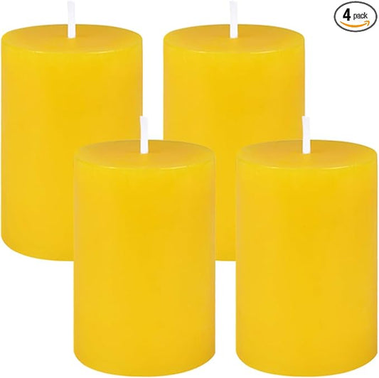4 Packs 2x3 Inch Yellow Citronella Pillar Candles, Small Dripless Colored Lemongrass Scented Column Cylinder Candles for Patio Home Outside Garden Camping in Summer - 24 Hours Burning