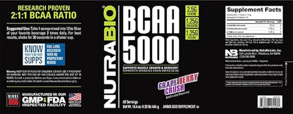 NutraBio BCAA 5000 Powder - Vegan Fermented BCAAs - Supports Lean Muscle Growth, Recovery, Endurance - 60 Servings - Grape Berry Crush