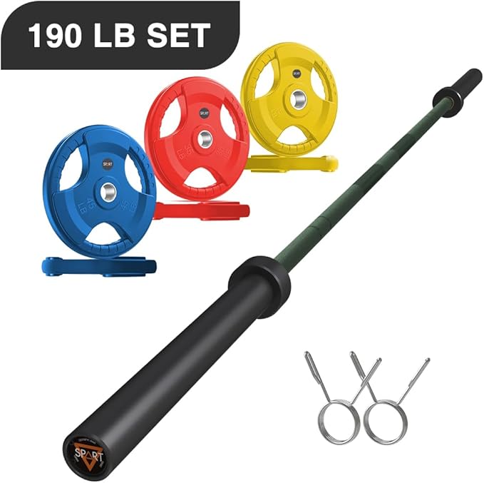 7FT Olympic Barbell Bar with Weight Plate Set Combo, Solid Olympic Bar with Bearings, 700Lbs Capacity Weight Bar for Home Gym Strength Training, Weightlifting, Powerlifting, Fit for 2" Olympic Plates