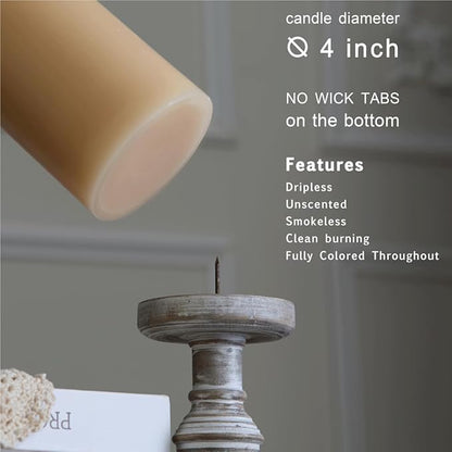 MOZEAL 4" x 10" Extra-Large Beige Pillar Candles (Set of 2), Unscented, Dripless, Smokeless,Long Clean-Burning,Tall 10 inch Large Beige Pillar Candles for Neutral-Themed Weddings and Serene Home Decor