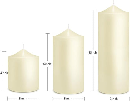 Pillar Candles 3 x 4, 6, and 8 inches, Large Handmade Candles Set of 3, Ivory Decorative Candles for Wedding, Home Decoration, Dinner, Church
