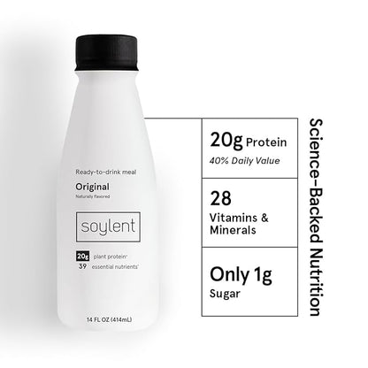 Soylent Original Meal Replacement Shake, Ready-to-Drink Plant Based Protein Drink, Contains 20g Complete Vegan Protein and 1g Sugar, 14oz, 12 Pack