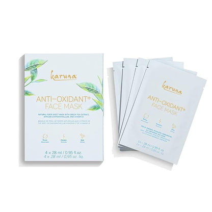 Karuna Skin - Antioxidant+ Face Masks for Dry, Mature Skin, Rejuvenating & Nourishing Face Masks Skincare Essential, Facial Mask w Green Tea Extract, Chinese Licorice & African Chrysanthellum, 4 Pack