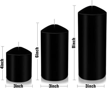 Pillar Candles 3 x 4, 6, and 8 inches, Large Handmade Candles Set of 3, Black Decorative Candles for Wedding, Home Decoration, Dinner, Church