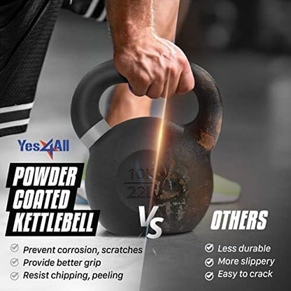 Yes4All Kettlebell, Heavy Duty Powder Coated Cast Iron Kettlebells, Non-Slip Handle & Flat Bottom for Conditioning, Strength Training & Full Body Exercises at Home Gym - Single & Pair