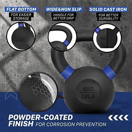 Yes4All Kettlebell, Heavy Duty Powder Coated Cast Iron Kettlebells, Non-Slip Handle & Flat Bottom for Conditioning, Strength Training & Full Body Exercises at Home Gym - Single & Pair