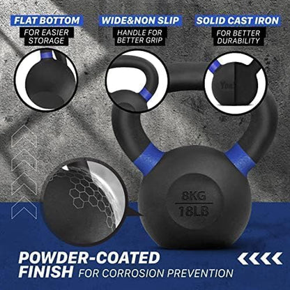Yes4All Kettlebell, Heavy Duty Powder Coated Cast Iron Kettlebells, Non-Slip Handle & Flat Bottom for Conditioning, Strength Training & Full Body Exercises at Home Gym - Single & Pair