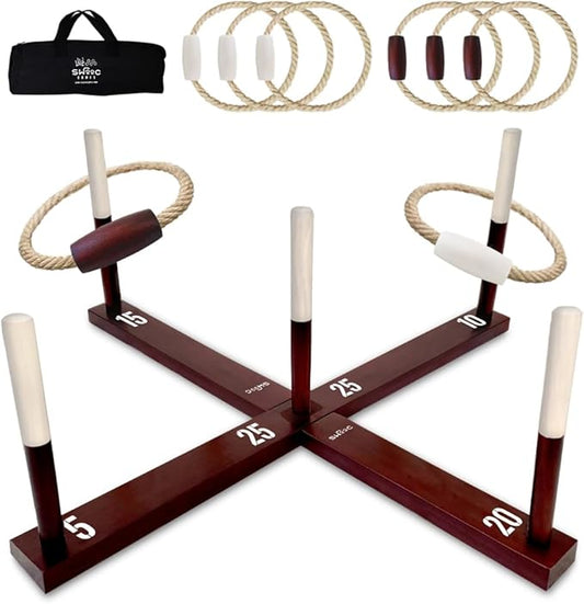 SWOOC Games - Rustic Ring Toss Game (All Weather) - Easy Setup & Extra Games Included - Ring Toss