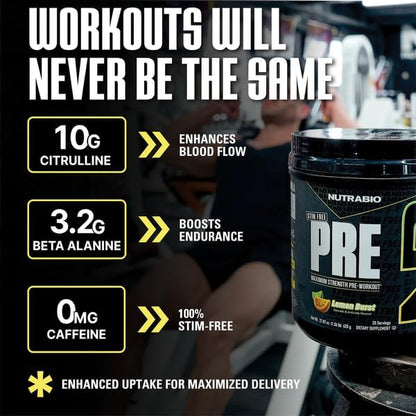 NutraBio STIM-Free PRE Workout for Men, New Formula | Laser Focus, Extreme Pumps | Performance, Endurance | 10g Citrulline, Beta Alanine, Nitrates, Nootropics, Electrolytes - 20 Servings Lemon Burst