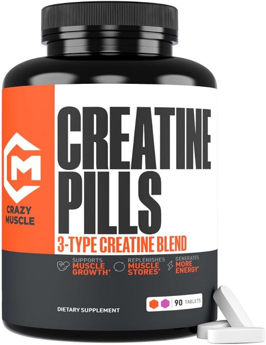 Crazy Muscle, Creatine Pills, 5g 3X Pure Creatine Monohydrate, Pre Workout Bulk Muscle Mass Gainer, High Absorption Easy to Take ThreeAtine 3 Type Optimum Performance for Lean Growth Men Women
