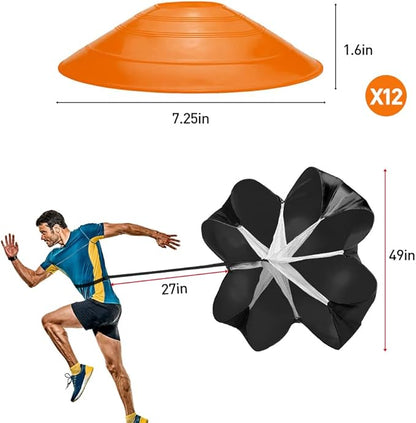 Pro Speed & Agility Training Set—Includes 12 Rung 20ft Adjustable Agility Ladder with Carrying Bag, 12 Disc Cones, 4 Steel Stakes, 1 Resistance Parachute, Use Equipment to Improve Footwork Any Sport