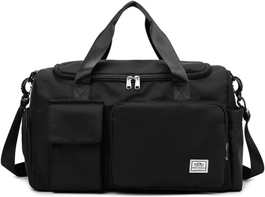 Travel Duffel Tote Bag with Dry Wet Separation Pocket, Weekender Bag for Women and Men，Waterproof Bag with Shoe Compartment Lightweight and Easy Carry on Black