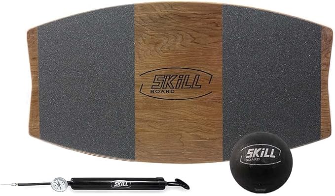 The Skill Board - Wooden Balance Board for Adults - Wobble Board for All Sports, Gym, Standing Desk, or Yard Games - Balance Trainer, Fitness Ball, Ball Pump, Grip Tape
