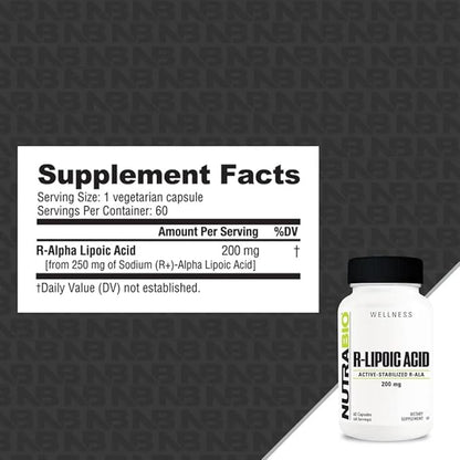 NutraBio R-Lipoic Acid Supplement, 200mg ?“Active Stabilized R-ALA Supplement- Optimized Alpha Lipoic Acid Formula for Better Absorption to Support Health and Wellness- 60 Capsules