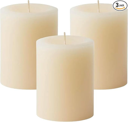 Mister Candle Dripless Vanilla Scented Ivory Pillar Candles Set of 3, Hand Made Vanilla Pillar Candles with Essential Oils for Home Decor, Premium Wax, 60 Hr Burn Time (3x4 inch)
