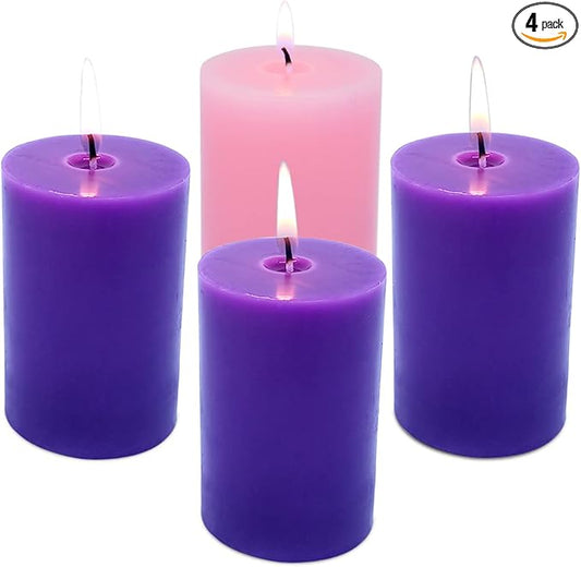 2x3 Inch Advent Pillar Candles Set of 4 Unscented Dripless Purple Pink Candles for Christmas Weddings Home Holidays Relaxation Spa Church