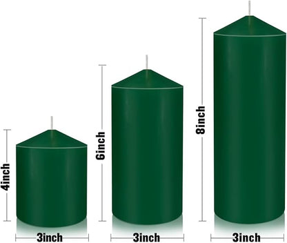 Pillar Candles 3 x 4, 6, and 8 inches, Large Handmade Candles Set of 3, Green Decorative Candles for Wedding, Home Decoration, Dinner, Church