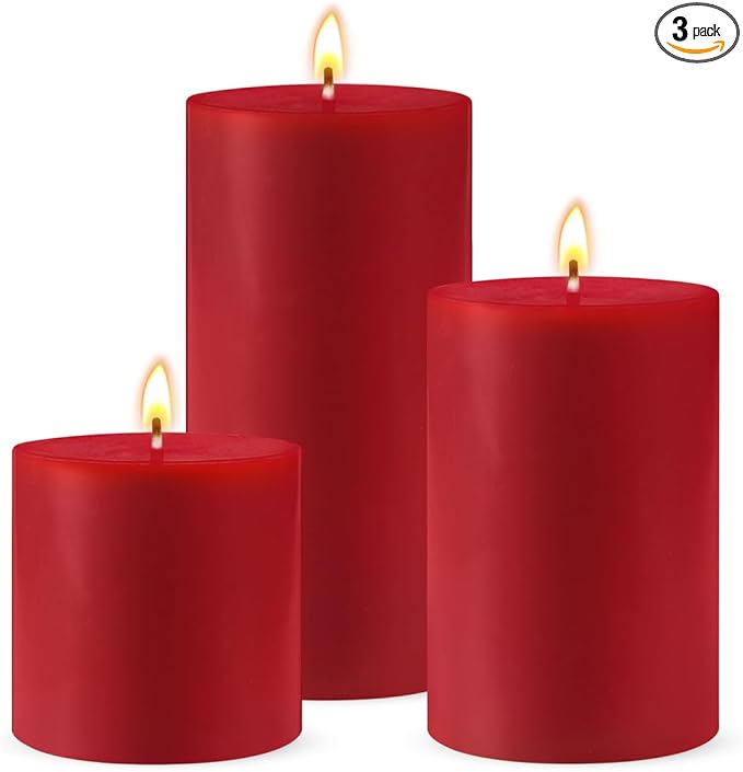 Red Unscented Pillar Candles 3-Pack ??Dripless & Smokeless, Long-Burning Thick Candles (2",3",4" Heights) for Weddings, Home Decor & Serene Ambiance